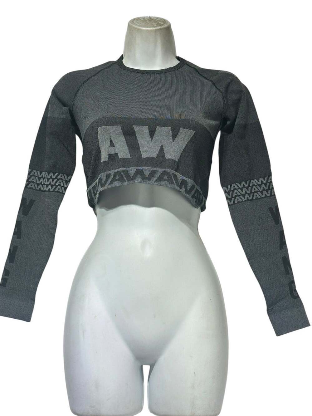 Alexander Wang H&M Grey Long Sleeve Logo Crop Top Jacquard Knit Size S
